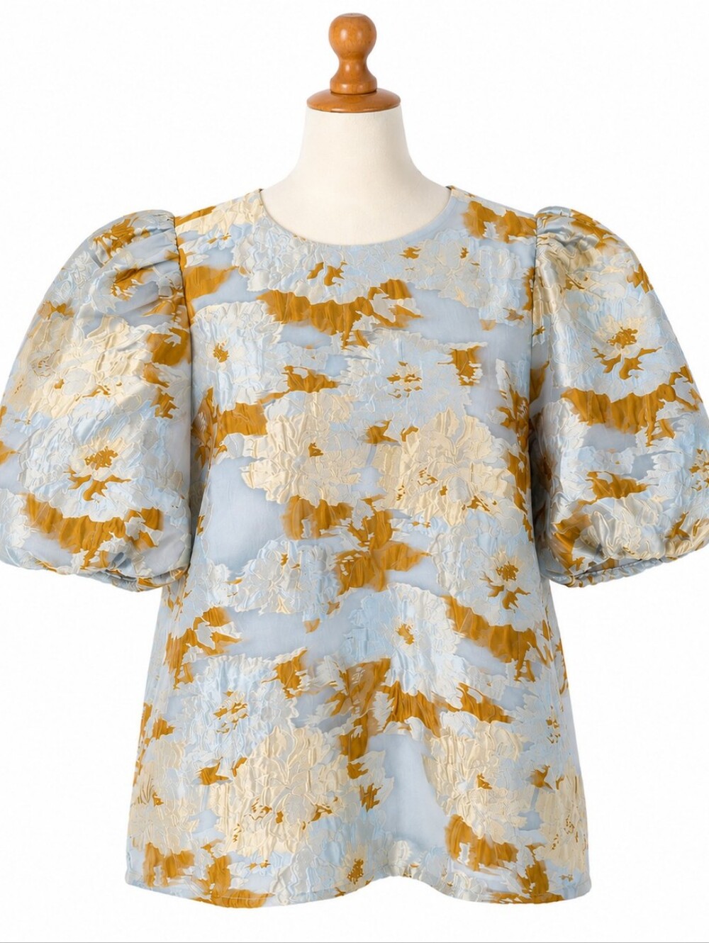 Pomander Place Lyla Blouse Size L Light Blue Gold Floral Jacquard Puff Sleeve